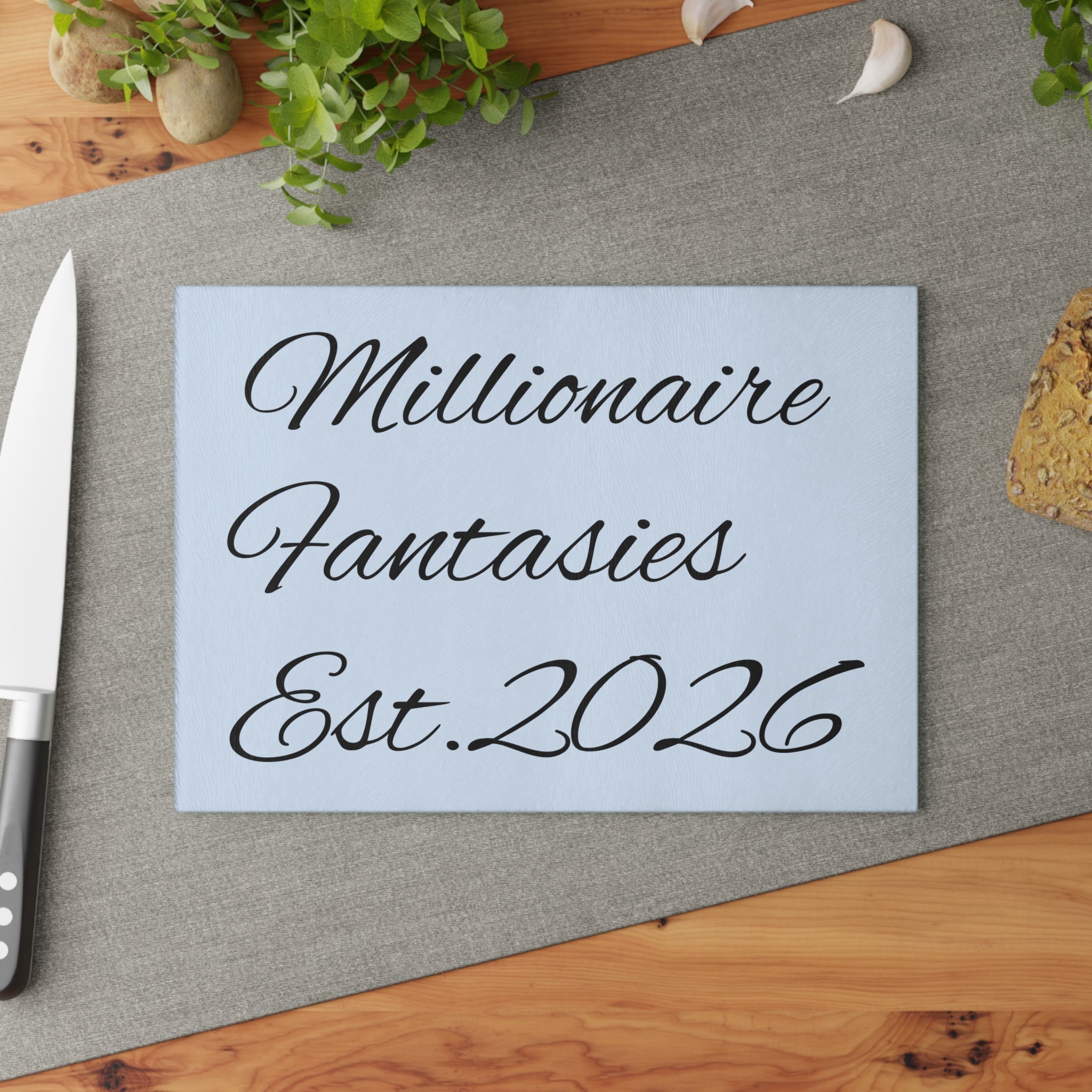 Millionaire Fantasies Est. 2026 Glass Cutting Board | Script Typography